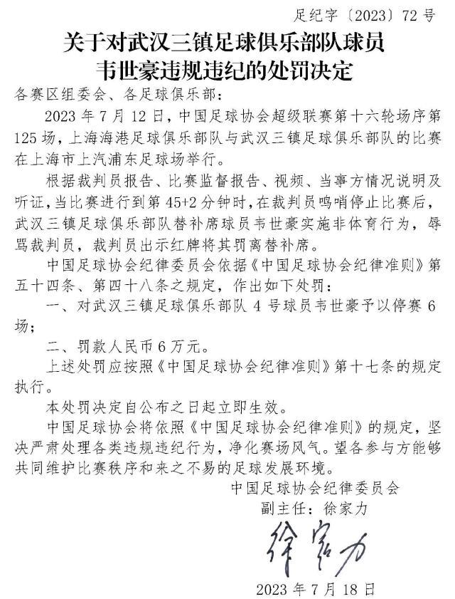 1689660311167012879.jpg 星空体育官方入口-足协公布对韦世豪处罚结果:停赛6场+罚款6万元!